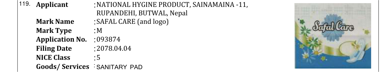 Original bulletin entry for SAFAL CARE (and logo)