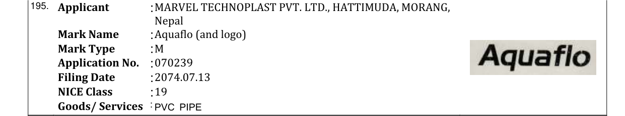 Original bulletin entry for Aquaflo (and logo)