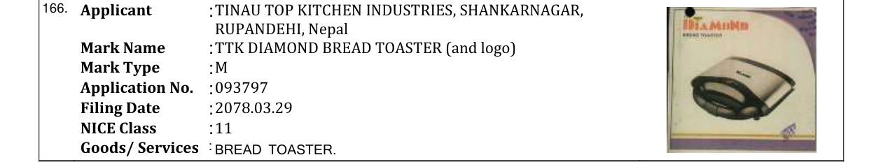 Original bulletin entry for TTK DIAMOND BREAD TOASTER (and logo)
