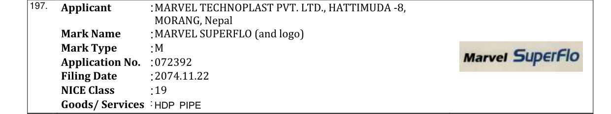 Original bulletin entry for MARVEL SUPERFLO (and logo)