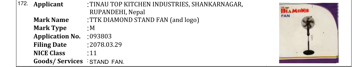 Original bulletin entry for TTK DIAMOND STAND FAN (and logo)