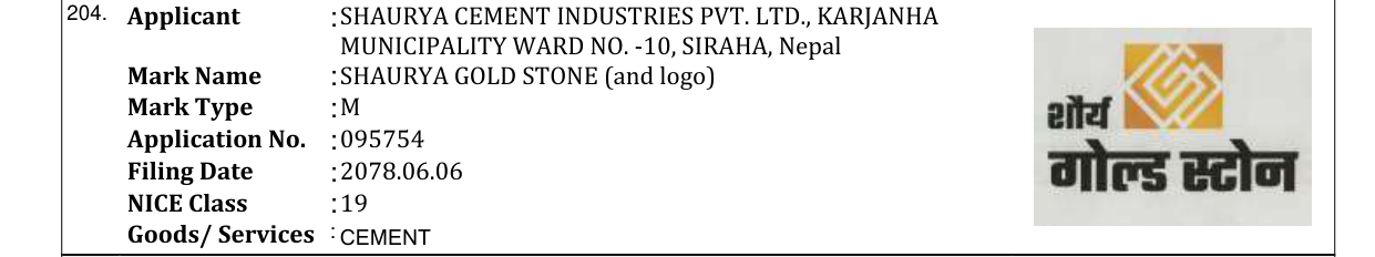 Original bulletin entry for SHAURYA GOLD STONE (and logo)