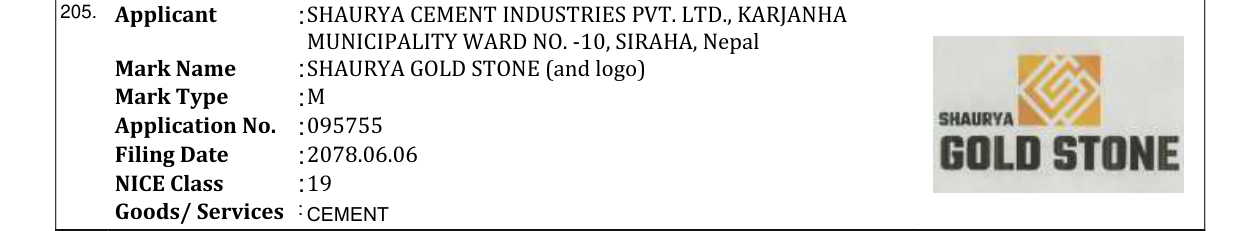 Original bulletin entry for SHAURYA GOLD STONE (and logo)