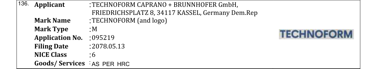 Original bulletin entry for TECHNOFORM (and logo)