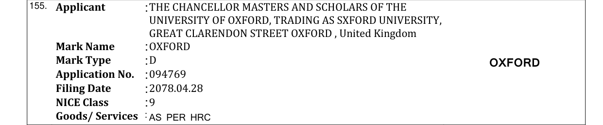 Original bulletin entry for OXFORD