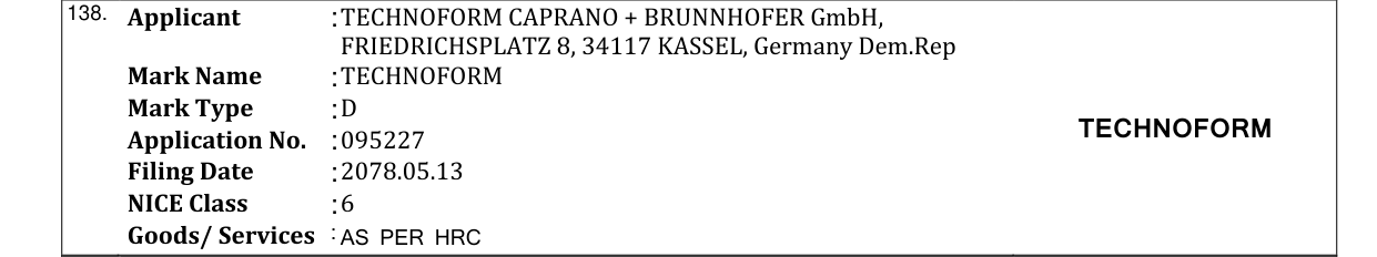 Original bulletin entry for TECHNOFORM