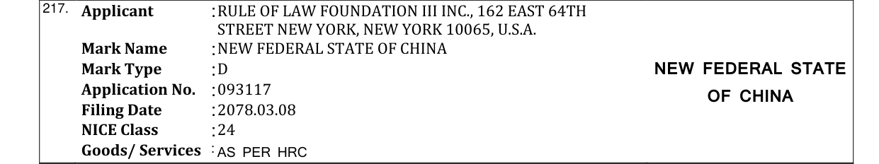 Original bulletin entry for NEW FEDERAL STATE OF CHINA