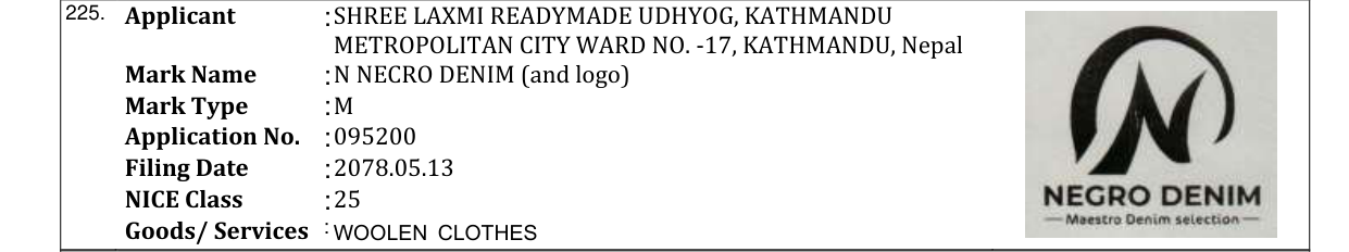 Original bulletin entry for N NECRO DENIM (and logo)
