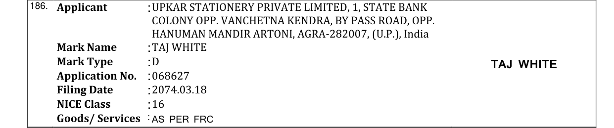 Original bulletin entry for TAJ WHITE