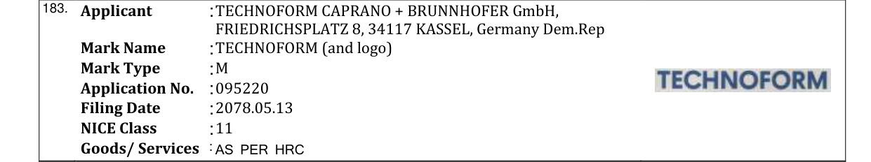 Original bulletin entry for TECHNOFORM (and logo)