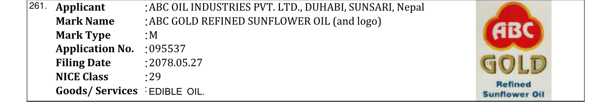 Original bulletin entry for ABC GOLD REFINED SUNFLOWER OIL (and logo)