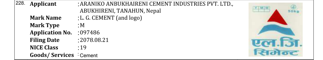 Original bulletin entry for L. G. CEMENT (and logo)