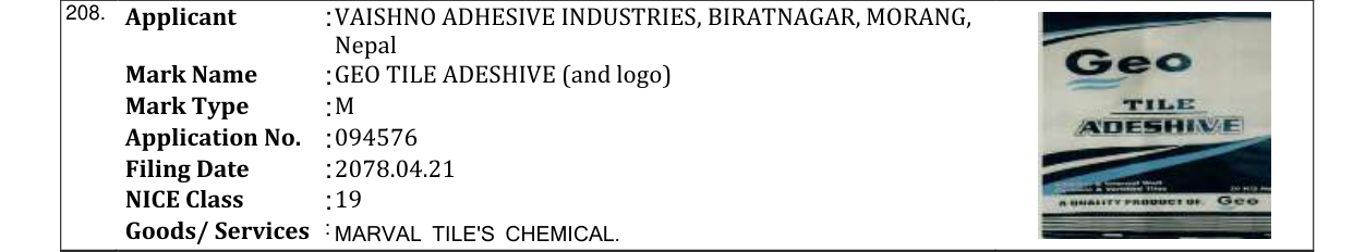 Original bulletin entry for GEO TILE ADESHIVE (and logo)