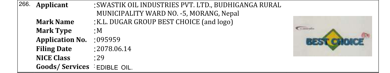 Original bulletin entry for K.L. DUGAR GROUP BEST CHOICE (and logo)