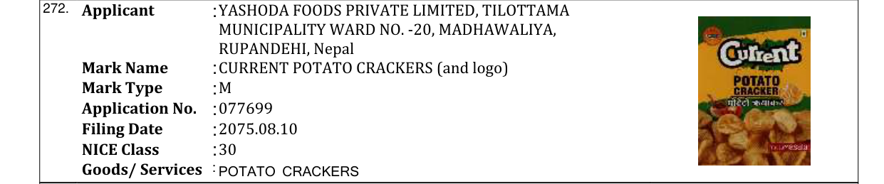 Original bulletin entry for CURRENT POTATO CRACKERS (and logo)