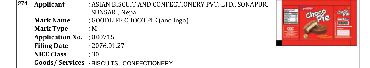 Original bulletin entry for GOODLIFE CHOCO PIE (and logo)
