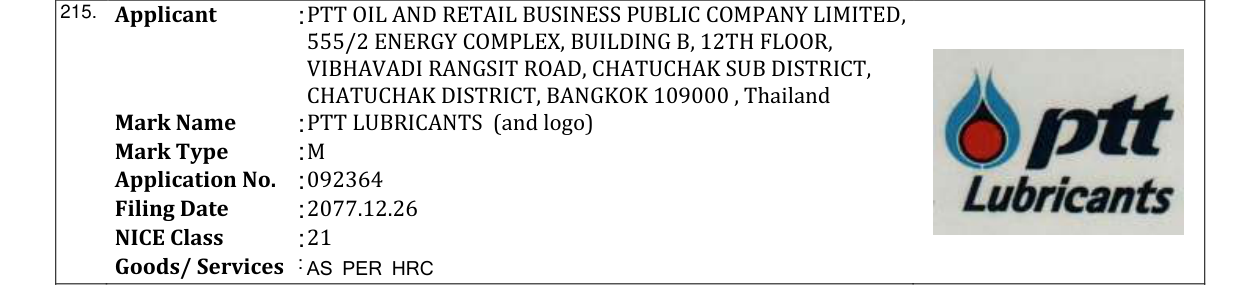 Original bulletin entry for PTT LUBRICANTS (and logo)
