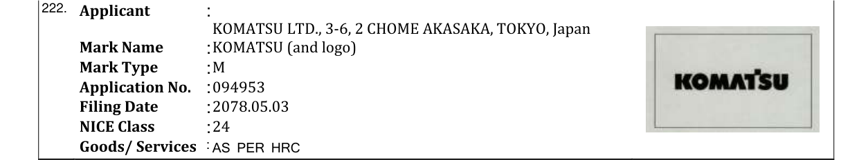 Original bulletin entry for KOMATSU (and logo)