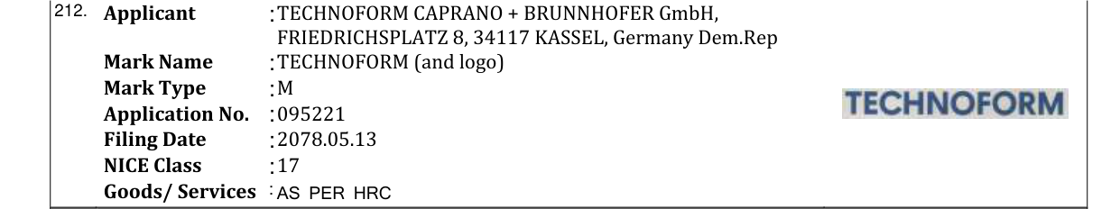 Original bulletin entry for TECHNOFORM (and logo)