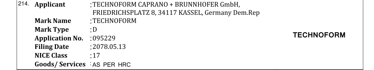 Original bulletin entry for TECHNOFORM