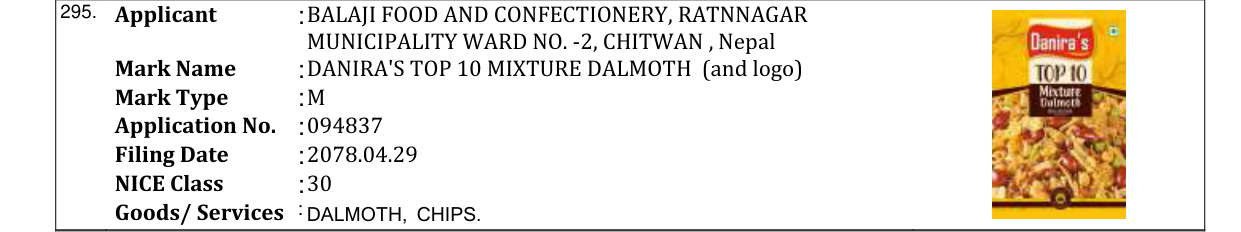 Original bulletin entry for DANIRA'S TOP 10 MIXTURE DALMOTH (and logo)