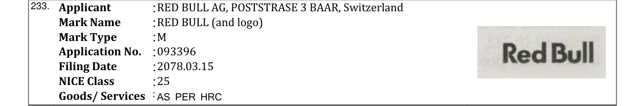Original bulletin entry for RED BULL (and logo)