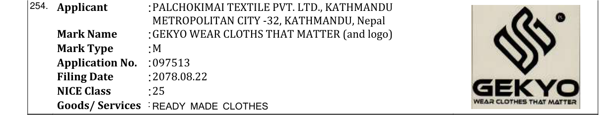 Original bulletin entry for GEKYO WEAR CLOTHS THAT MATTER (and logo)