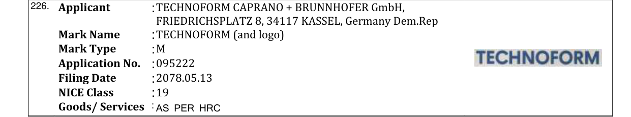 Original bulletin entry for TECHNOFORM (and logo)
