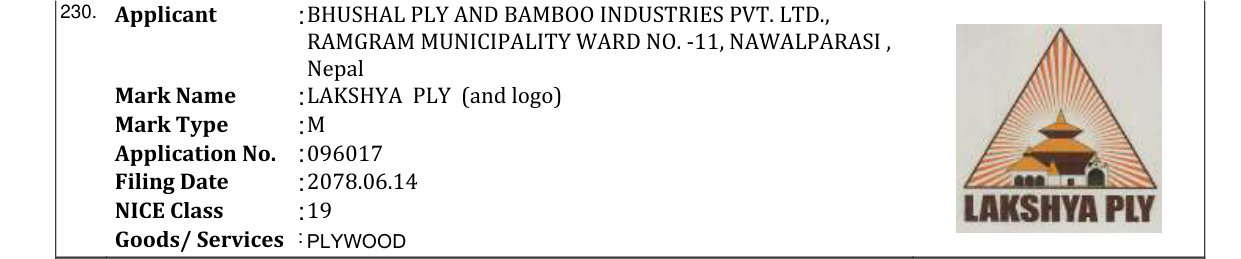 Original bulletin entry for LAKSHYA PLY (and logo)