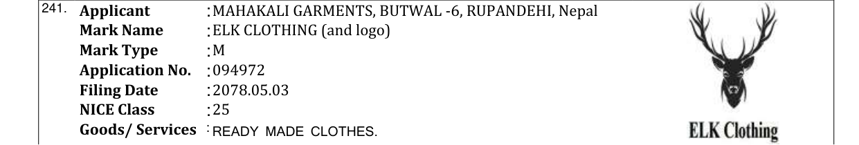 Original bulletin entry for ELK CLOTHING (and logo)