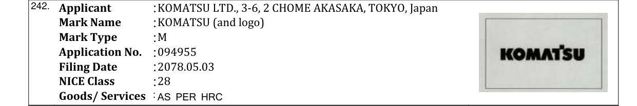 Original bulletin entry for KOMATSU (and logo)
