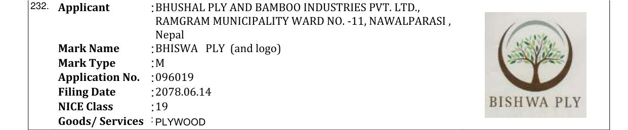 Original bulletin entry for BHISWA PLY (and logo)