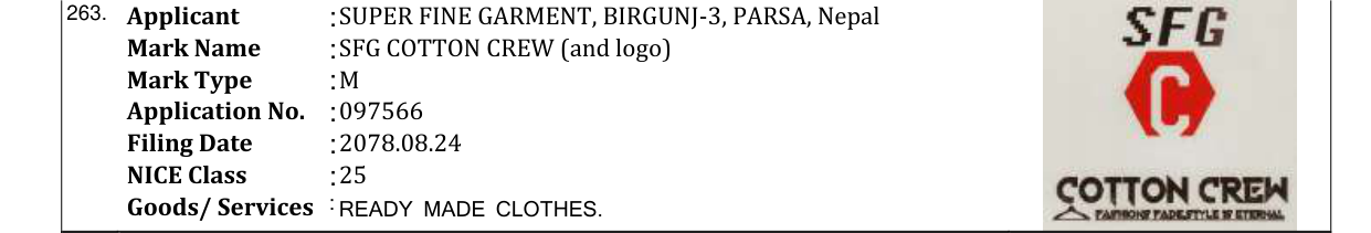 Original bulletin entry for SFG COTTON CREW (and logo)