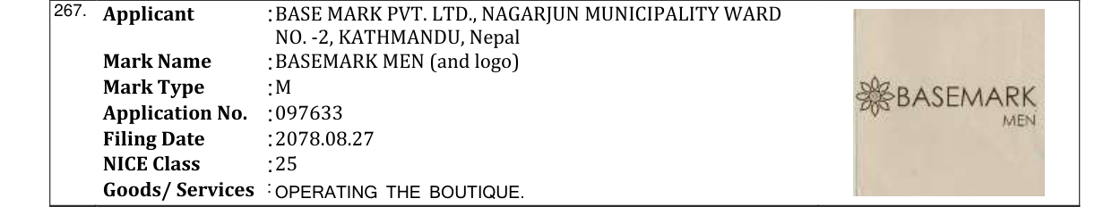 Original bulletin entry for BASEMARK MEN (and logo)