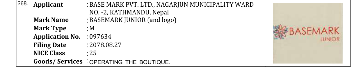 Original bulletin entry for BASEMARK JUNIOR (and logo)