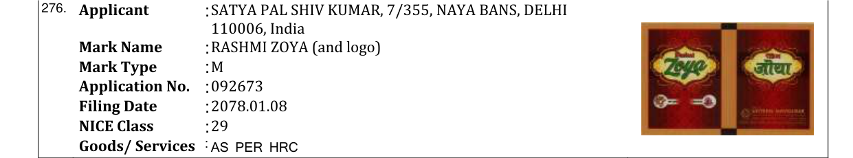 Original bulletin entry for RASHMI ZOYA (and logo)