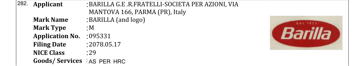 Original bulletin entry for BARILLA (and logo)