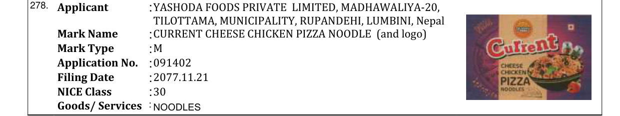 Original bulletin entry for CURRENT CHEESE CHICKEN PIZZA NOODLE (and logo)