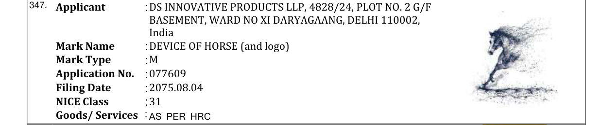 Original bulletin entry for DEVICE OF HORSE (and logo)