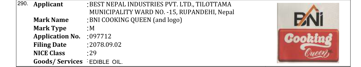 Original bulletin entry for BNI COOKING QUEEN (and logo)