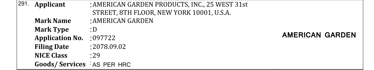Original bulletin entry for AMERICAN GARDEN