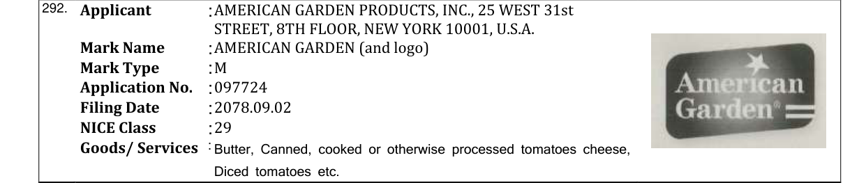 Original bulletin entry for AMERICAN GARDEN (and logo)