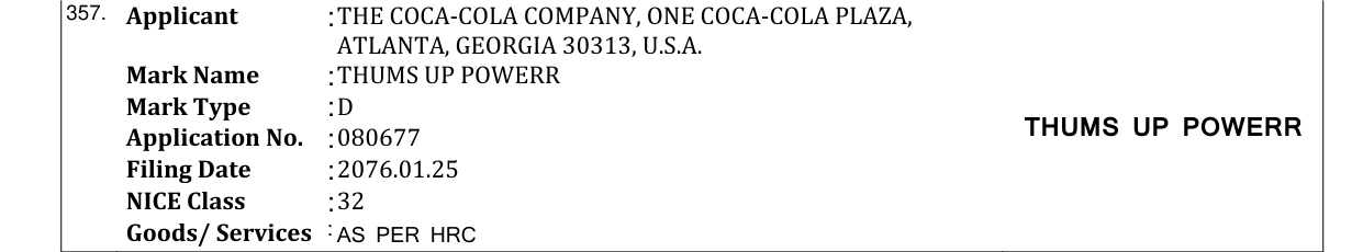 Original bulletin entry for THUMS UP POWERR
