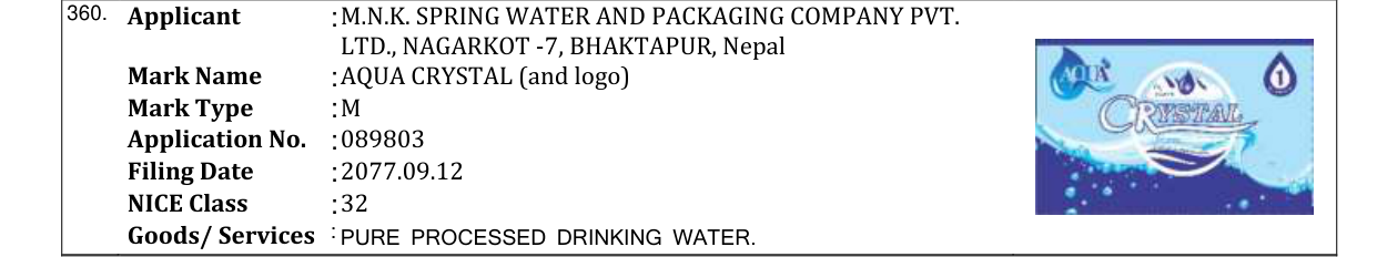 Original bulletin entry for AQUA CRYSTAL (and logo)