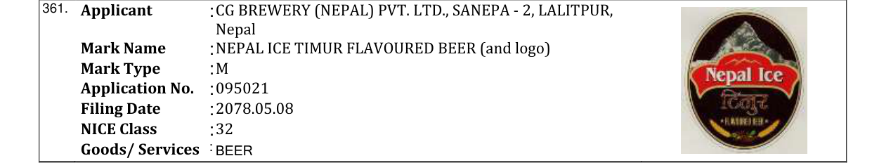 Original bulletin entry for NEPAL ICE TIMUR FLAVOURED BEER (and logo)