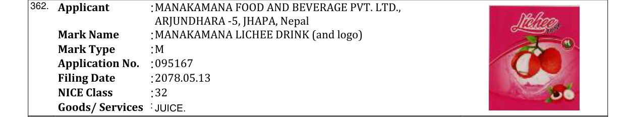 Original bulletin entry for MANAKAMANA LICHEE DRINK (and logo)