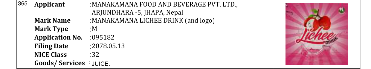 Original bulletin entry for MANAKAMANA LICHEE DRINK (and logo)