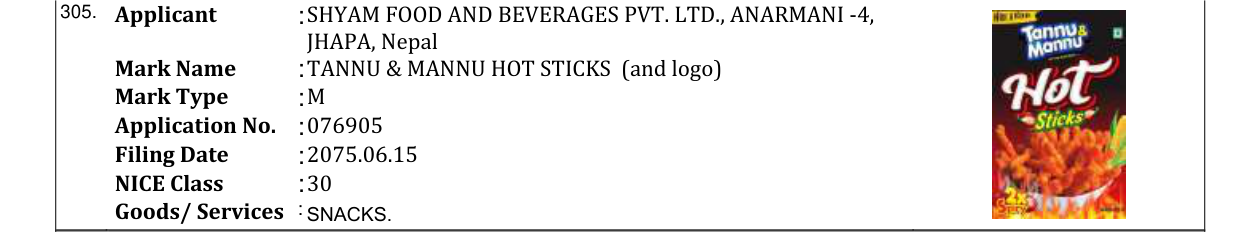 Original bulletin entry for TANNU & MANNU HOT STICKS (and logo)