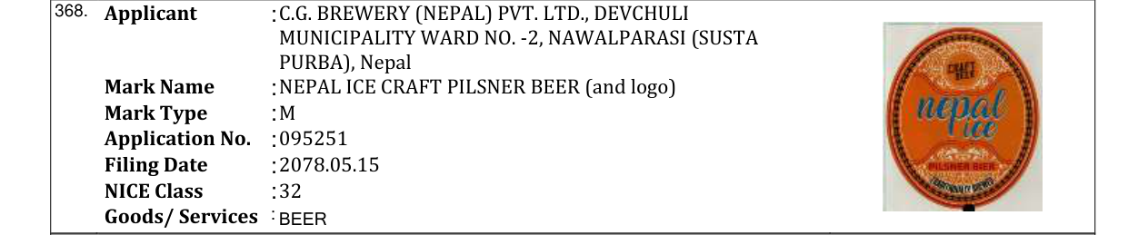 Original bulletin entry for NEPAL ICE CRAFT PILSNER BEER (and logo)