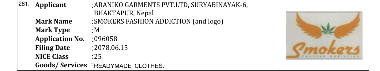 Original bulletin entry for SMOKERS FASHION ADDICTION (and logo)